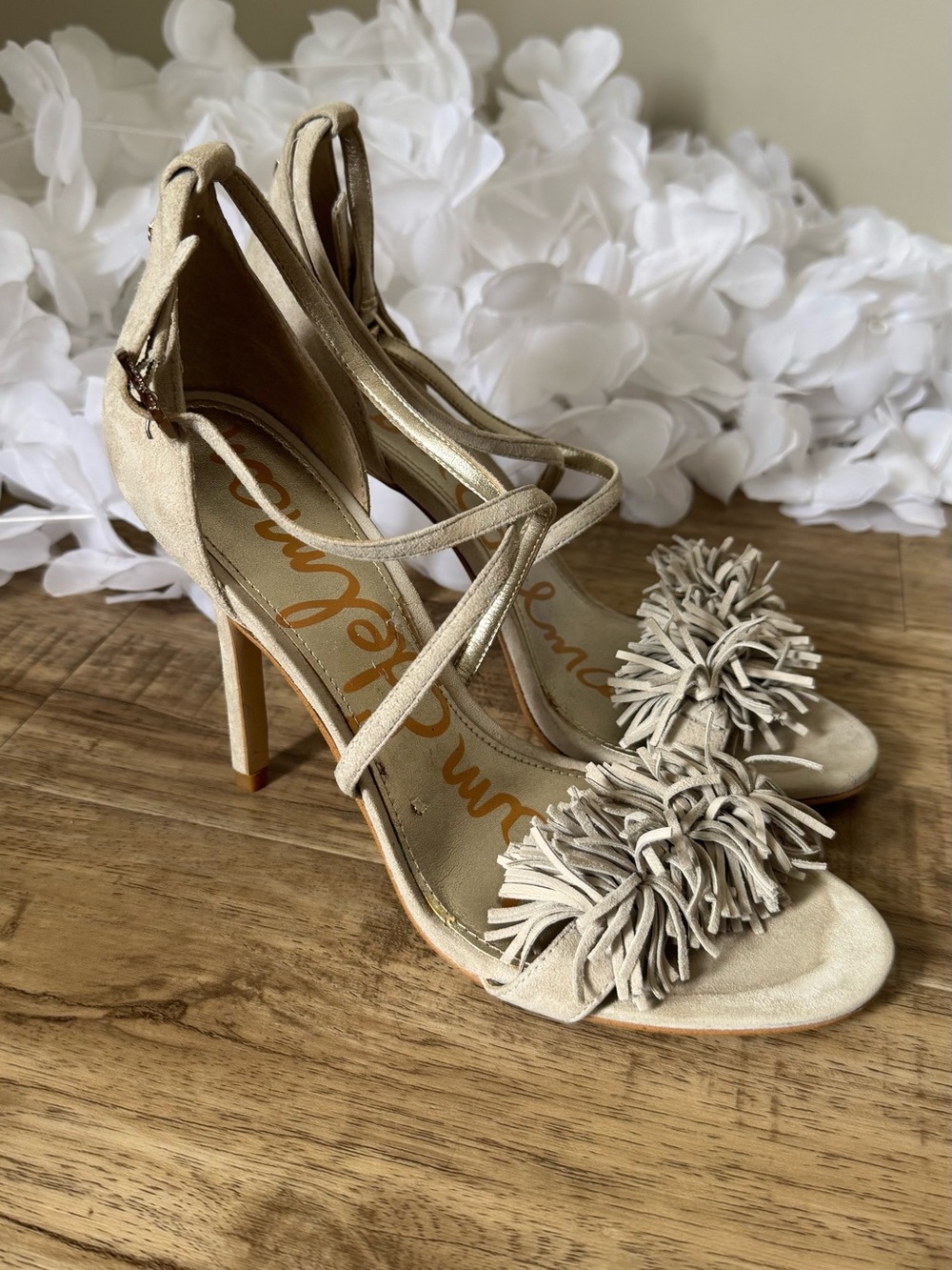 Sam Edelman Beige Fringe Strappy High Heel Sandals